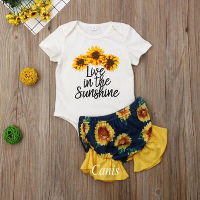 

US Summer Clothes Newborn Baby Girls SunFlower Romper PP Pants 2Pcs Outfit 0-24M