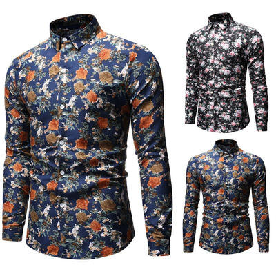 

Mens Shirt Fashionable Casual Slim-fit Floral Printed Long Sleeve Shirts