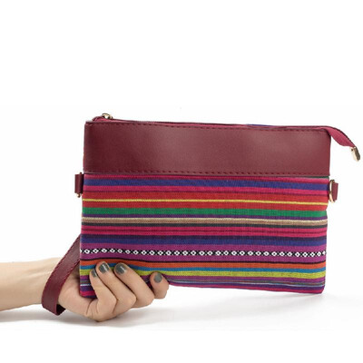 

New Vintage Women Canvas Clutch Bag PU Splice Striped Print Wrist Strap Street Shoulder Handbag