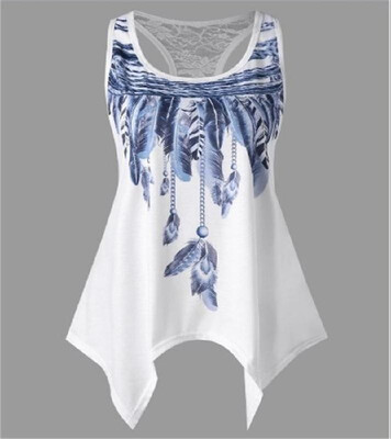 

New Women Sleeveless Feather Printed Vest Tank Top O Neck Asymmetrical Tee Shirt Plus Size Summer Blouse