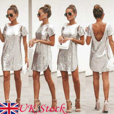 

Womens Backless Sequin Glitter Club Party Evening Cocktail Prom Short Mini Dress