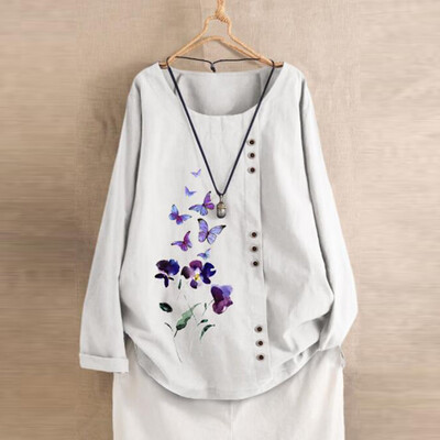 

Roseonmyhand Plus Size Women Long Sleeve Cotton Linen O-Neck Botton Blouse Top T-Shirt