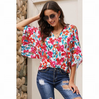

Vintage printed shirt Womens V-neck short-sleeved loose shirt