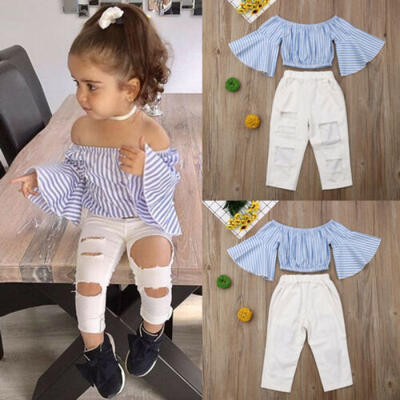 

AU Toddler Kids Baby Girls Off Shoulder T-shirt Tops Ripped Pants Outfit Clothes