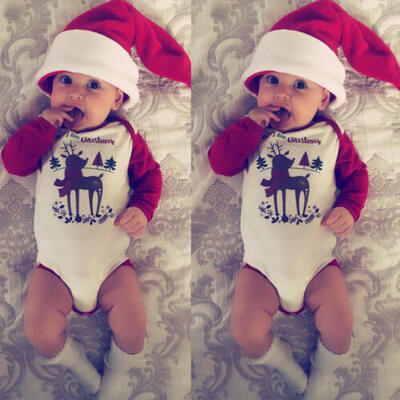 

Xmas Kids Baby Girls Boys Cotton Deer Romper Jumpsuit Hat 2Pcs Outfits Clothes