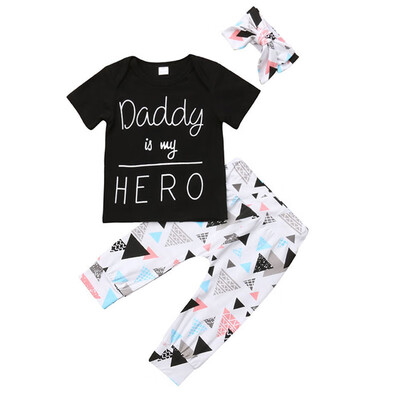

2019 New Arrival Children Clothing Set Short Sleeve Letter Cotton Black T shirt TopsLong Pantshairband Clothes Set