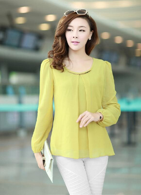 

New Fashion Women Chiffon Blouse Long Sleeve Round Neck Pleated Shirt Loose Tops Yellow