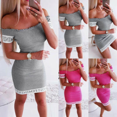 

Women Short Sleeve Mini Dress Casual Off Shoulder Bodycon Slim T-shirt Sundress