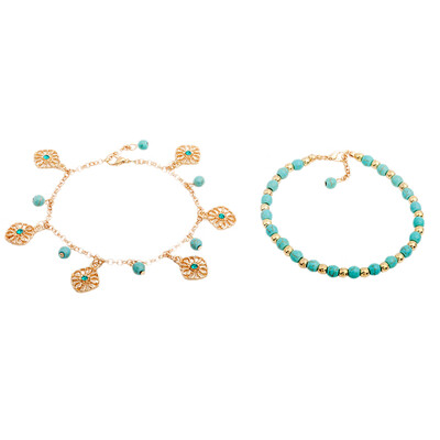 

2019 Hot Popular European&American Fashion Retro Two-piece Alloy Turquoise Bracelet Hollow Flower Pendant Jewelry