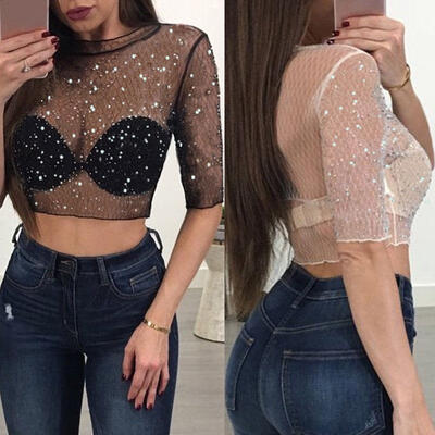 

Women Flower Embroidered Transparent Mesh Sheer Crop Top T-Shirt Blouse Tee Tops