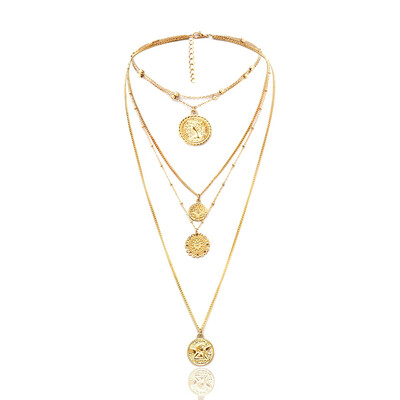

Vintage Gold Color Carved Coin Necklace Figure Medal Long Chain Double Layered Necklace Pendant Personalized Women Choker