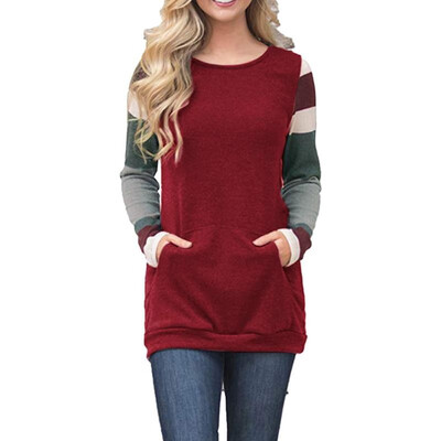 

Fashion Women Color Block Sweatshirt O Neck Long Sleeve Pocket Splice Autumn Winter Top Pullover Hoodie
