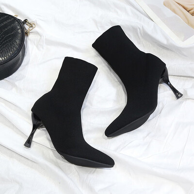 

Black Shoe Girl Spring&Autumn Single Shoe Fine heel High heel Shoe Tip-in Socks Boots Knitted Elastic Slim Boots