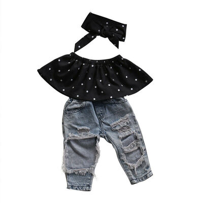 

Fashion Toddler Baby Girls Black Blouse Top Hole Casual Denim Pants Outfits Set