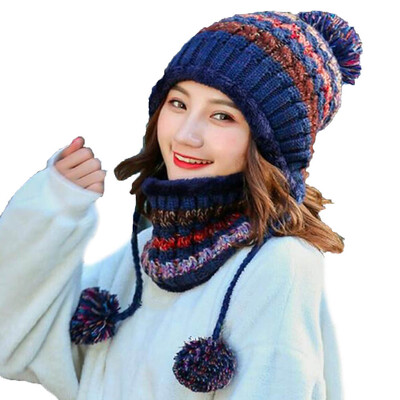 

New Winter Scarf Hat Set For Women Warm Knitted Ski Beanie Scarves Skull Cuff