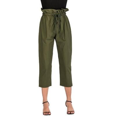 

Fashion Women Pants Solid Color Ruched High Waist Casual Tie-Waist Work Office Cropped Trousers Green