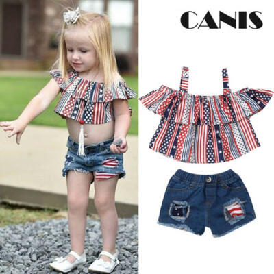 

Toddler Kid Baby Girl Off Shoulder Tops Ripped Denim Shorts 2Pcs Outfits Clothes