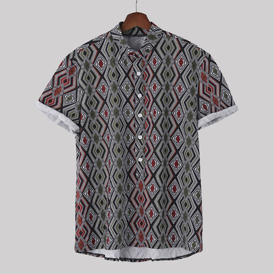 

Tailored Mens Ethnic Printed Stand Collar Colorful Stripe Short Sleeve Loose Shirt
