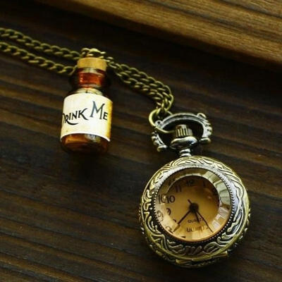 

HOT SALE Retro Alice In Wonderland DRINK ME Bottle Pocket WATCH LONG Necklace