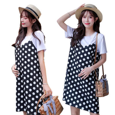 

Dot Print Splicing Tee Dress Women Summer Short Sleeve O-neck Loose Dresses