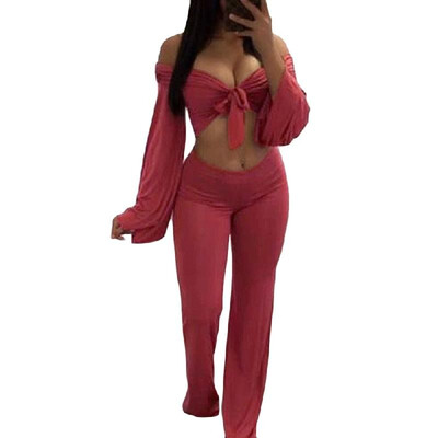 

Sexy Women Two Pieces Off Shoulder Crop Top Bandage Bodycon Long Pants Solid Slim Club Suits