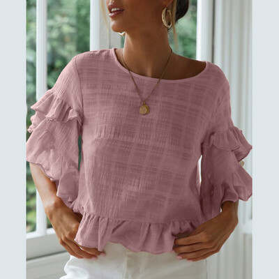 

Nomeni Womens Casual Solid Color O-neck Shirt Trumpet Sleeves Ruffled Shirt T-shirt