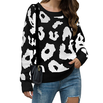 

Womens Crew Neck Leopard Boxy Pullover Sweater Tops