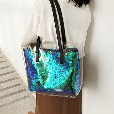 

Korean version of the big bag female 2019 new tide transparent handbag fashion wild sequins large capacity single shoulder tote bag