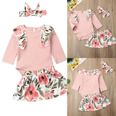 

US Baby Girl Cotton Long Sleeve Tops RomperPrint SkirtHeadwear 3PCS Outfit Set