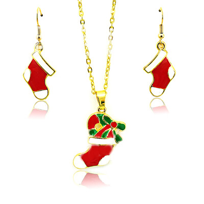 

3PcsSet Cute Women Christmas Stocking Pendant Earrings Chain Necklace Christmas Jewelry Set
