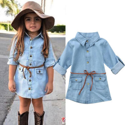 

UK STOCK Baby Toddler Kids Girl Denim Dress Long Sleeve Party Princess Dresses