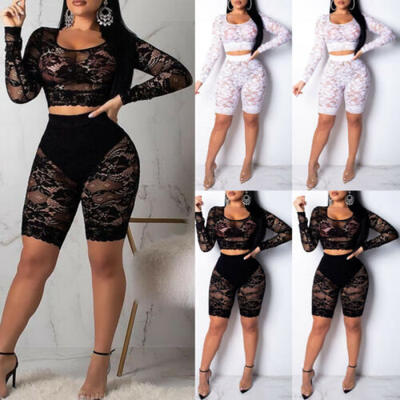 

2019 Fashionholy Trendy See-through White Lace Two-piece Shorts Set Tops Pants