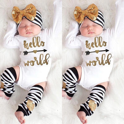 

Newborn Baby Hello World Romper Bodysuit Jumpsuit Leg Warmer Headband Outfit Set 0-18M