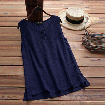 

Roseonmyhand Women O-neck Button Pure Color Plus Size Vintage Sleeveless Vest Tops Blouse