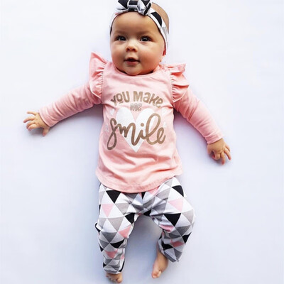 

3Pcs Newborn Baby Girl Clothes Pink Sleeve Ruffle TopsGeometric PantsHeadband Infant Toddler Baby Girls Clothing Set