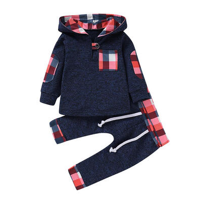 

Infants Winter Plaid Clothes Set 2pcs Baby Hooded Tops Elastic Waist Pants