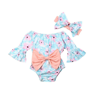 

Newborn Baby Girl Clothes Flared Sleeve Romer JumpsuitHeadband Clothes