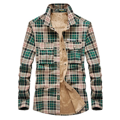 

Toponeto Mens Buttons Plaid Long-Sleeved Shirt With Fleece For Warmth Blouse