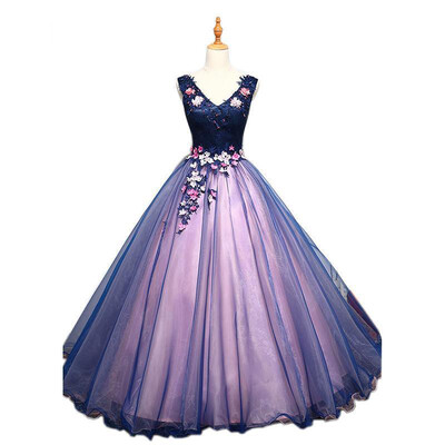 

Quinceanera Dresses 2018 New The Prom Sleeveless Sexy V-neck Luxury Lace Floor-length Ball Gown Sweet Floral Print Party Dress
