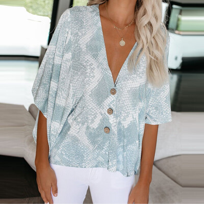 

Starmoon Fashion Womens V Neck Snake Print 34 Bell Sleeve Button Casual Loose Tops Shirt