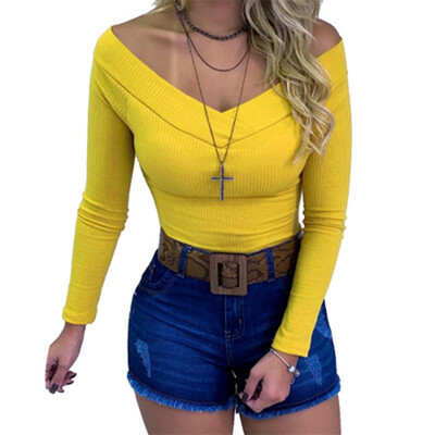 

New Ladies Long Sleeve T Shirts Pure Color Women V Neck Blouse Off Shoulder Slim Pullovers For Women Tops