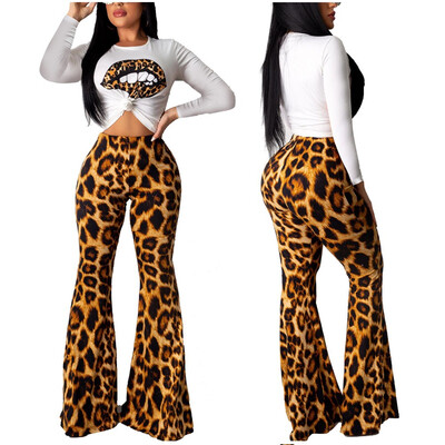 

Women New Skinny Flare Leopard Print Bell Bottom High Waist Long Pants Trousers