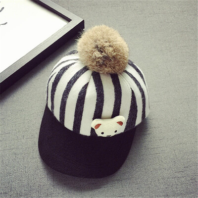 

Autumn&winter childrens duck tongue hat Korean childrens wool ball Hat Wool new baby stripe cub baseball hat trend