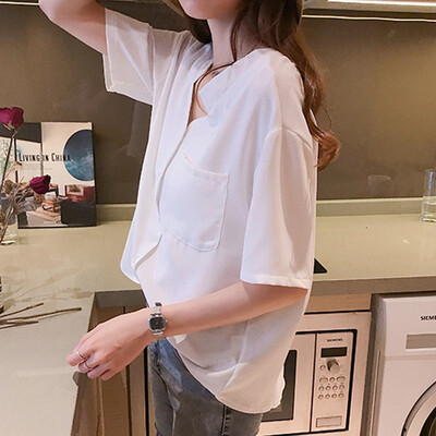 

Women Blouse Loose V-Neck Women Casual Solid Color Blouses Summer Fashion Lady Short-Sleeve Shirt