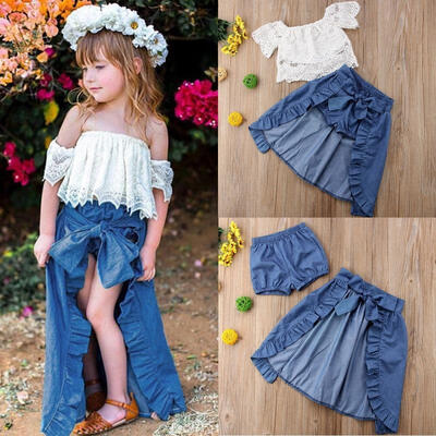 

Fashion Summer Girl Kid Lace Off-shoulder T-shirt Top Pants Princess Formal Dress Outfit