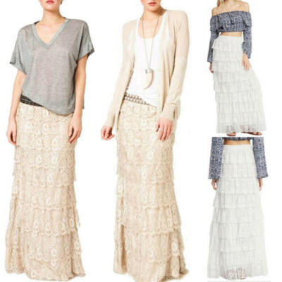 

New Women Retro Chiffon Pleated Double Layer Skirt Long Elastic Waist Maxi Dress