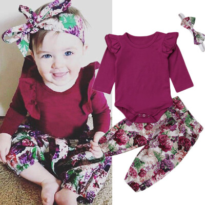 

3PCS Newborn Baby Girls Tops Romper Floral Pants Headband Outfits Set Clothes
