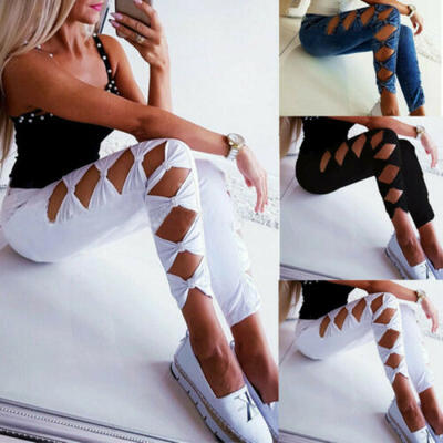 

Womens Ladies Skinny Denim Girls Ripped Hole Bow Jeans Pants Trousers New