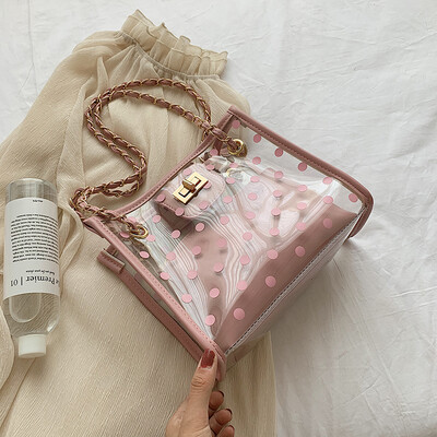 

Jelly transparent small bag chic lock chain womens bag new 2019 fresh&one-shoulder slant-style tote bag