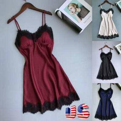 

US Women Ladies Satin Silk Nightdress Lingerie Sleepwear Dress Robe Nightie Gown